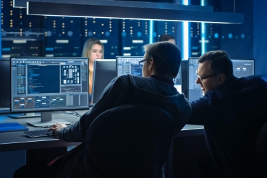 Two men speaking in front of computers