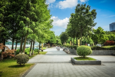 People walking in city park