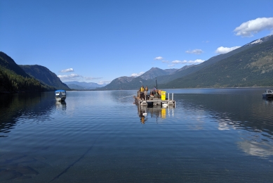 People on boat in lake, bringing fiber
